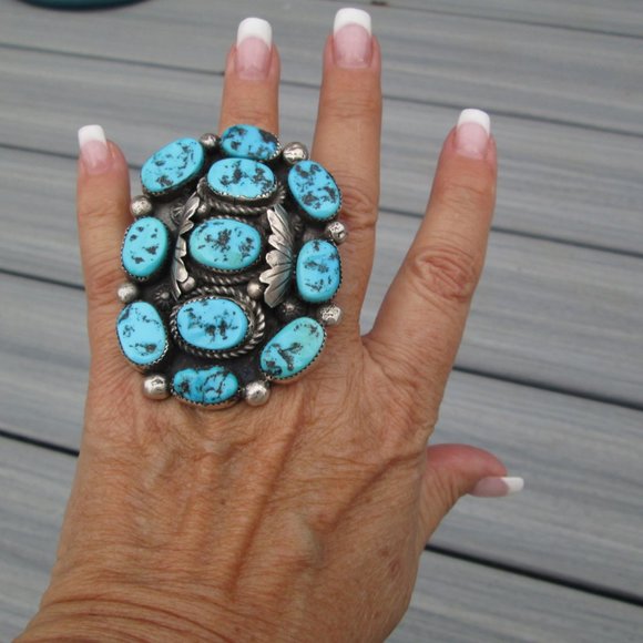 Early Old Navajo Sterling Silver & Genuine Sleeping Beauty TURQUOISE Ring - Picture 6 of 7